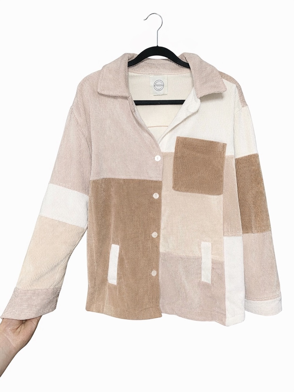 Patchwork Corduroy Button-Up Jacket in Beige & Cream